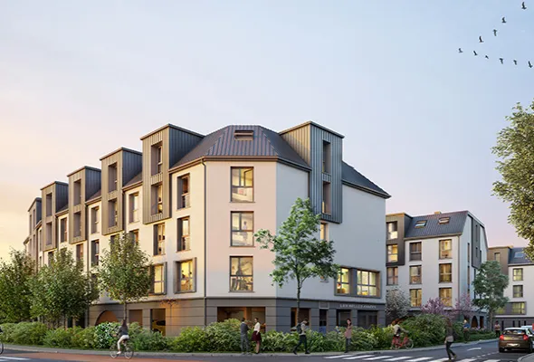 Résidence étudiante Campus Baiona à Bayonne — angle de rue, façades à toitures en zinc et commerces en rez-de-chaussée