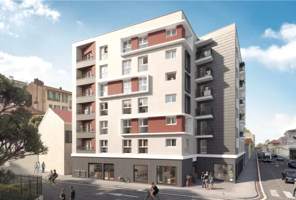 Résidence étudiante Nissa Campus à Nice — immeuble d'angle blanc et terracotta avec commerces en pied d'immeuble