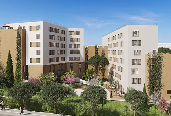 Résidence étudiante Stud'Este à Montpellier — perspective des deux bâtiments et du jardin central